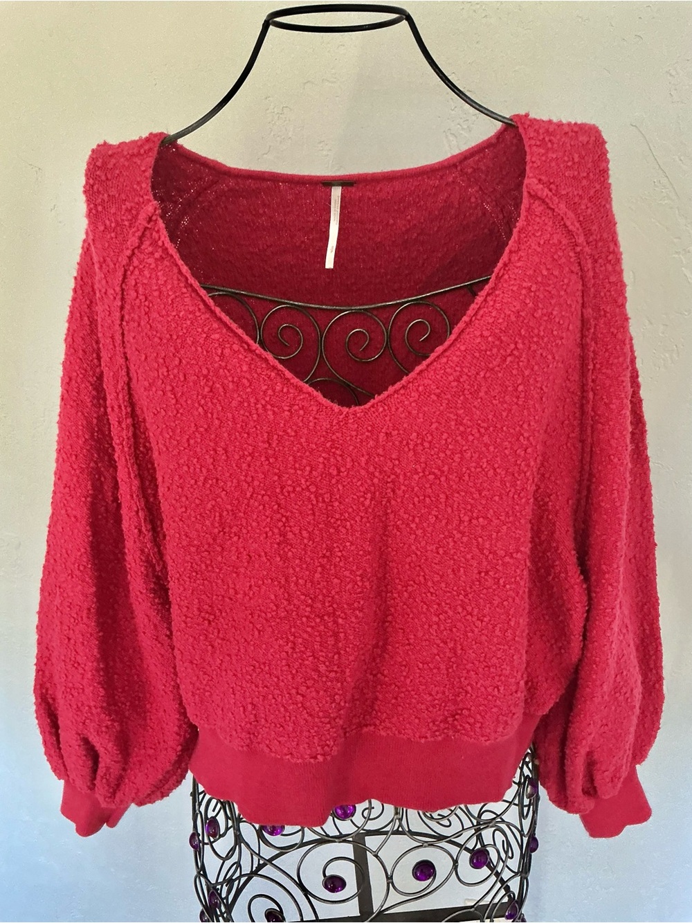 Free People V-Neck Nubby Sweater - Raspberry